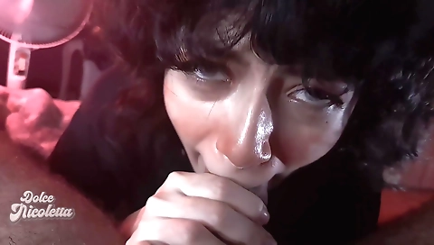 Busty brunette with a perfect face gets deep throated