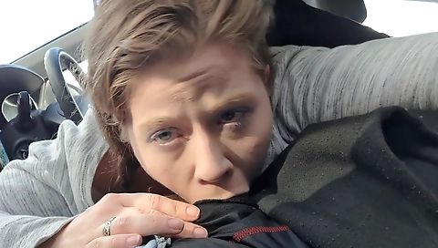 Brunette babe in the car has sex with big cock guy