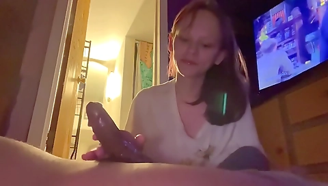 My amateur milf with large natural tits sucking a big dick