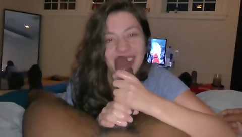 Interracial blowjob in amateur video with a step sister