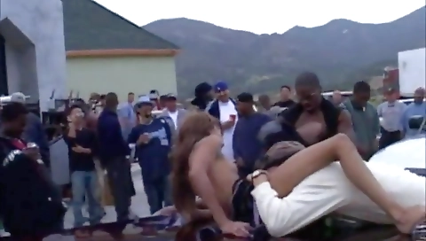 Ebony chicks get fucked by a guy in a black dress and stockings