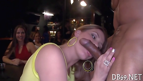 Blonde milf with large tits sucks his big cock in the group sex