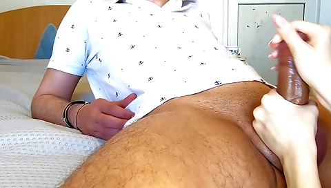 Amateur brunette handjob before getting fucked hard