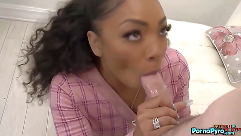 Ebony beauty enjoys her white lover's big white dick