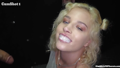 Blonde in a black t-shirt gets banged by a huge white cock