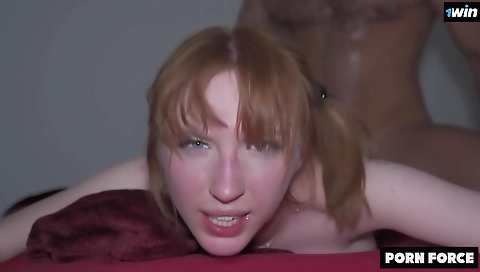 Red head with huge boobs takes big dick doggy style
